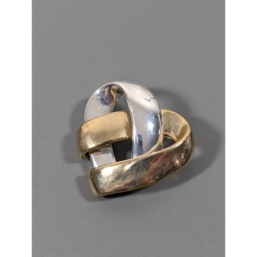 Vintage Two Tone Ribbon Heart Intertwined Brooch Pin Gold Tone Silver Tone Retro